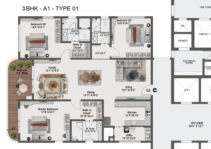 3 BHK A1 Type 01 floor plan of Sattva Lago