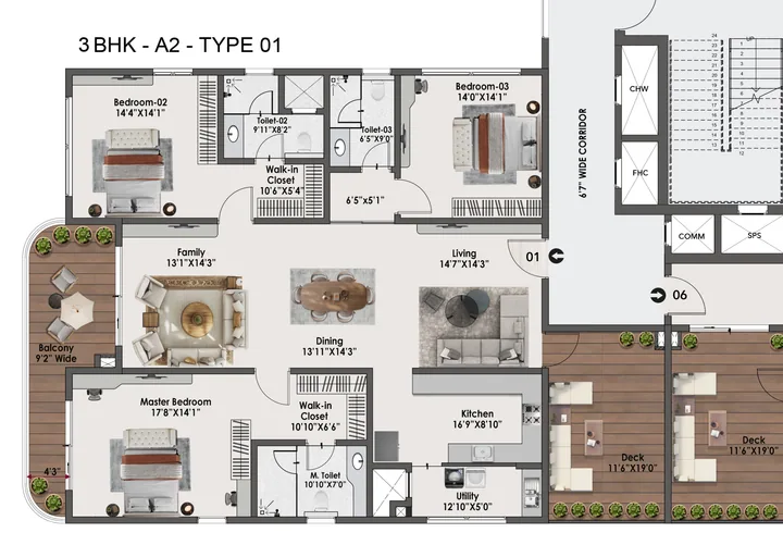 3 BHK A2 Type 01 floor plan of Sattva Lago