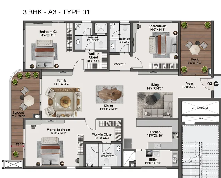 3 BHK A3 Type 01 floor plan of Sattva Lago