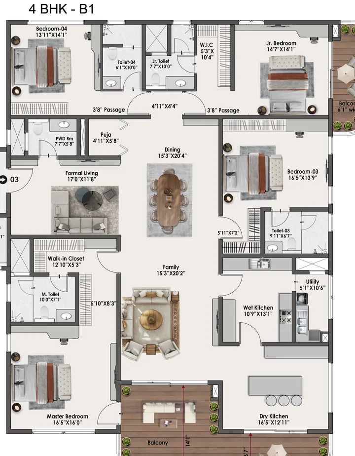 4 BHK B1 floor plan of Sattva Lago Tower Corra