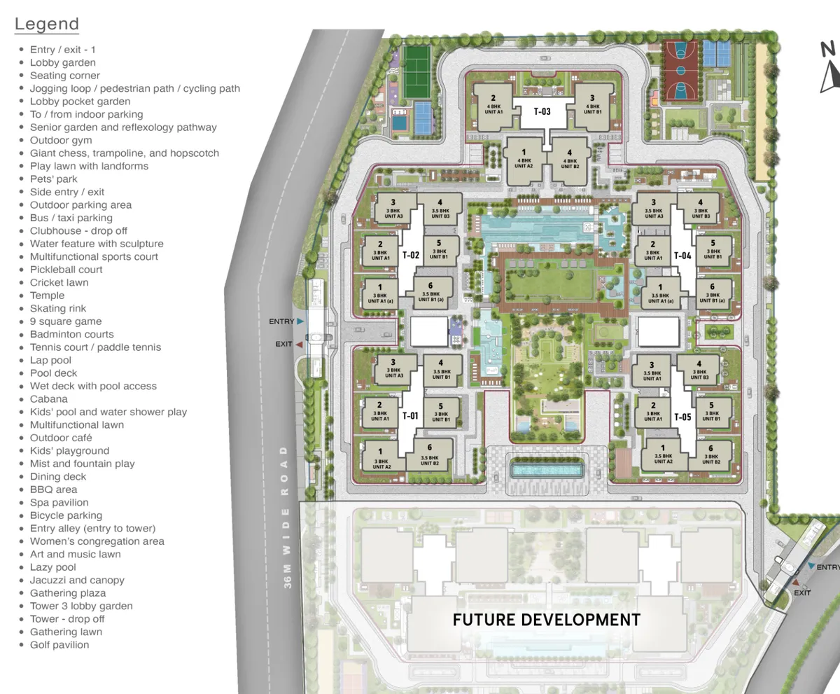 Master plan of Sattva Lago showing 5 towers and central amenity spine in Neopolis, Hyderabad