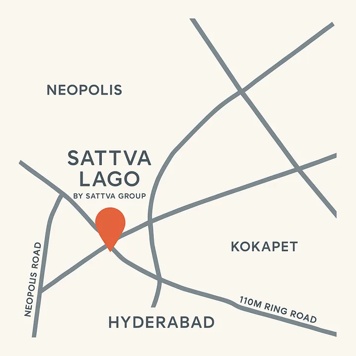 Sattva Lago location map showing Neopolis, Kokapet, Hyderabad and nearby landmarks